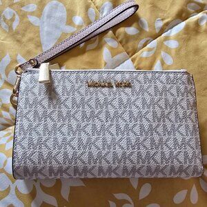 Michael Kors Jet Set Double Zip Wallet Vanilla / Soft Pink